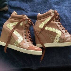 Brown and Gold Women's Wedge Sneakers